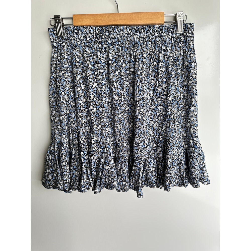 LOFT Outlet Mini Skirt Ruffle Hem Floral Blue White Boho Festival Medium Petite